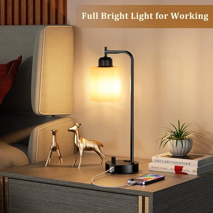 Industrial Bedroom Table Lamps for Bedside - White Opal Glass Shade Desk Lamps with USB C Port, Fully Dimmable Black Lamps with USB Port and Outlet, Reading Nightstand Lamp for Office Living Room - LeafyLoom