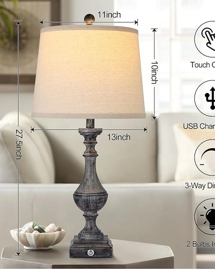 AKASUKI 27.5 Inch Drak Grey Farmhouse Table Lamps for Living Room Set of 2 with USB and Type-C Port, 3-Way Dimmable Table Lamps for Bedroom Vintage Rustic Bedside Lamps for bedrooms(Bulbs Included) - LeafyLoom