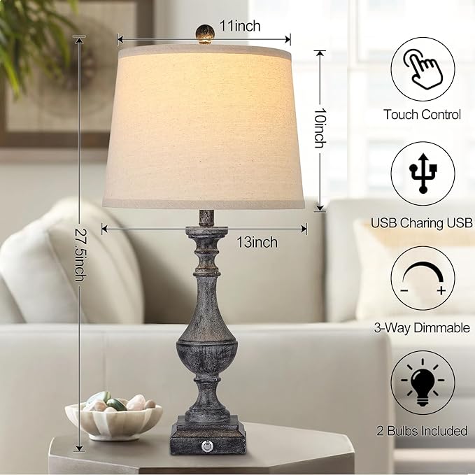 AKASUKI 27.5 Inch Drak Grey Farmhouse Table Lamps for Living Room Set of 2 with USB and Type-C Port, 3-Way Dimmable Table Lamps for Bedroom Vintage Rustic Bedside Lamps for bedrooms(Bulbs Included) - LeafyLoom