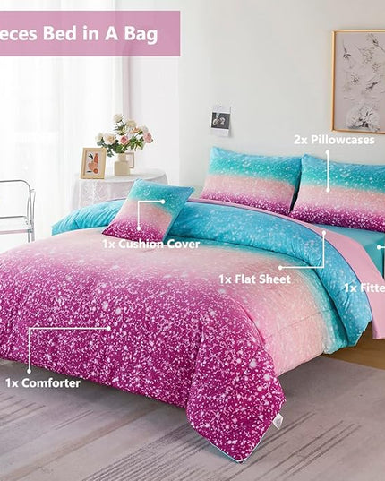 PERFEMET 6 Piece Full Size Comforter Sets for Teens Girls, Tie Dye Rainbow Ombre Bed in A Bag, Gradient Glitter Sparkle Bedroom Decor Bedding Set (Blue Teal Purple, Full) - LeafyLoom