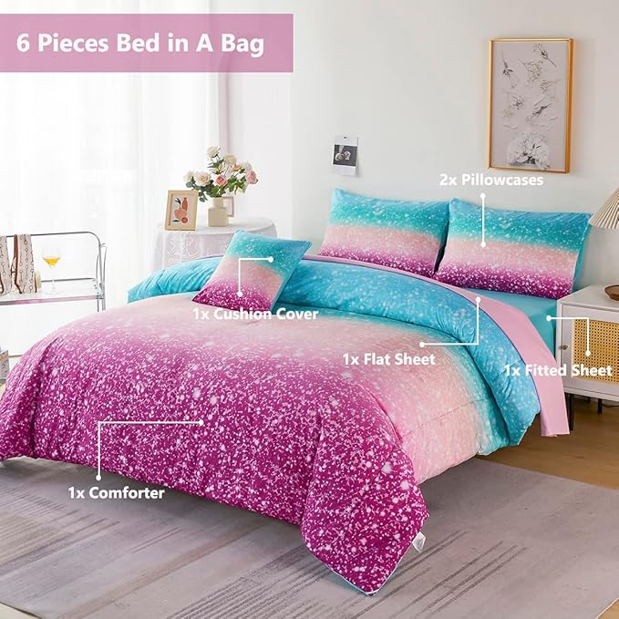 PERFEMET 6 Piece Full Size Comforter Sets for Teens Girls, Tie Dye Rainbow Ombre Bed in A Bag, Gradient Glitter Sparkle Bedroom Decor Bedding Set (Blue Teal Purple, Full) - LeafyLoom