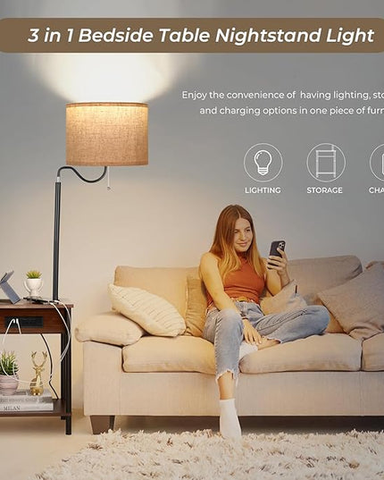 FIMEI Floor Lamp with Table, End Table with Charging Station USB Ports & Outlets, Bedside Table 3 Color Temperature Reading Light, Nightstand with Shelves for Living Room Bedroom Apartment, Red Brown - LeafyLoom
