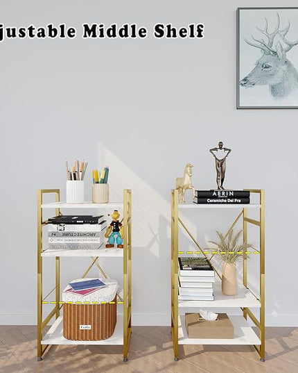 Bookshelf Organizer,3 Tiers Adjustable White Faux Marble Small Bookcase for Small Space,Industrial Wooden Storage Bookcase Display Rack and Storage Organizer for Living Room Home Office(Glod - LeafyLoom