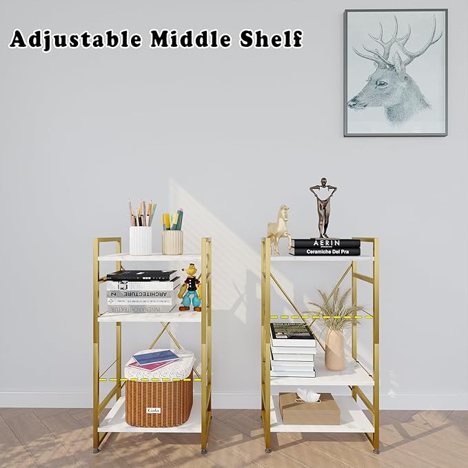 Bookshelf Organizer,3 Tiers Adjustable White Faux Marble Small Bookcase for Small Space,Industrial Wooden Storage Bookcase Display Rack and Storage Organizer for Living Room Home Office(Glod - LeafyLoom