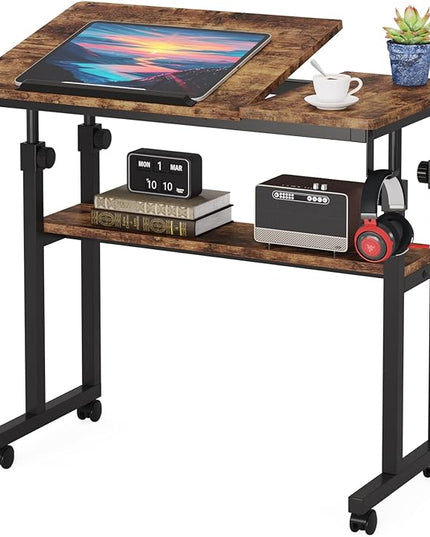 Small Portable Rolling Computer Desk Height Adjustable Standing Table, Brown - LeafyLoom