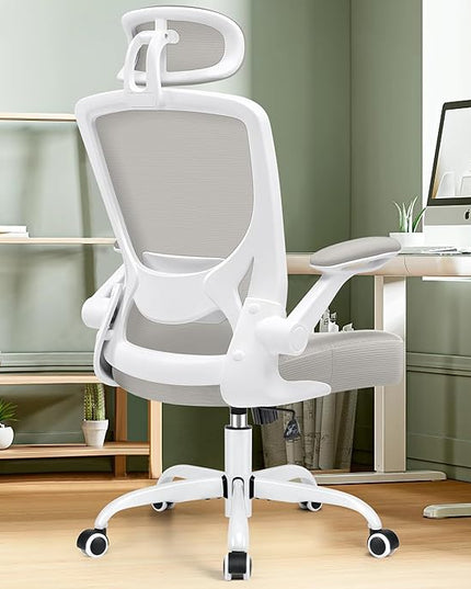 KERDOM Ergonomic Office Chair, Breathable Mesh Desk Chair, Lumbar Support Computer Chair with Headrest and Flip-up Arms, Swivel Task Chair, Adjustable Height Gaming Chair, LightGray - LeafyLoom
