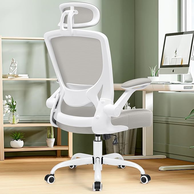 KERDOM Ergonomic Office Chair, Breathable Mesh Desk Chair, Lumbar Support Computer Chair with Headrest and Flip-up Arms, Swivel Task Chair, Adjustable Height Gaming Chair, LightGray - LeafyLoom