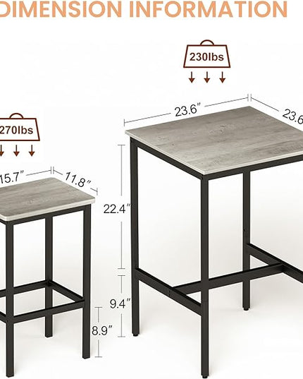 NicBex Small Dining Table for 2 Kitchen Tables and Chairs Bar Table Set, Square Bar Table with 2 Bar Chairs for Kitchen Breakfast Table, Bar, Banquet Hall, Space Saving, Gray - LeafyLoom