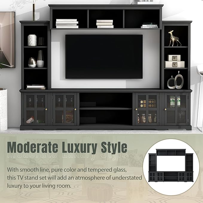 Merax Multifunctional TV Stand with Tempered Glass Door, Minimalism Style Entertainment Wall Unit with Bridge Modern Console Table for Televisions Up to 70”, 104.3 inch Length, Black - LeafyLoom