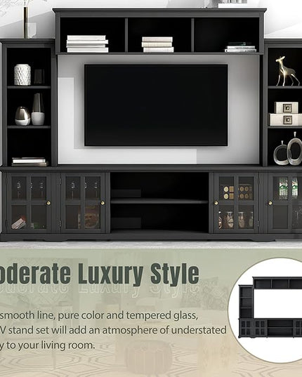 Entertainment Wall Unit with Bridge, Stand Media Console Table for TVs Up to 70" with Tempered Glass Door, Ample Storage Space for Living Room, 104 Inch, Black - LeafyLoom