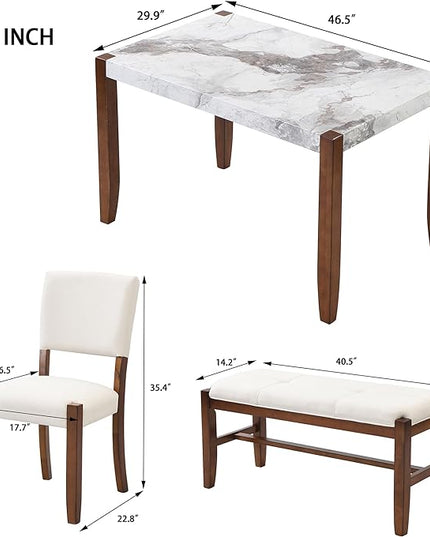 NicBex Dining Table Set for 4 Kitchen Table Set Modern 46" Faux Marble Style Table and 2 Upholstered Chairs & Bench with Wood Legs for Kitchen, Space-Saving, Off White - LeafyLoom