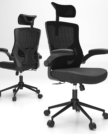 𝑯𝑶𝑴𝑬 𝑶𝑭𝑭𝑰𝑪𝑬 𝑪𝑯𝑨𝑰𝑹, Ergonomic Mesh Desk Chair, High Back Computer Chair- Adjustable Headrest with Flip-Up Arms, Lumbar Support, Swivel Executive Task Chair (Modern, Black) - LeafyLoom