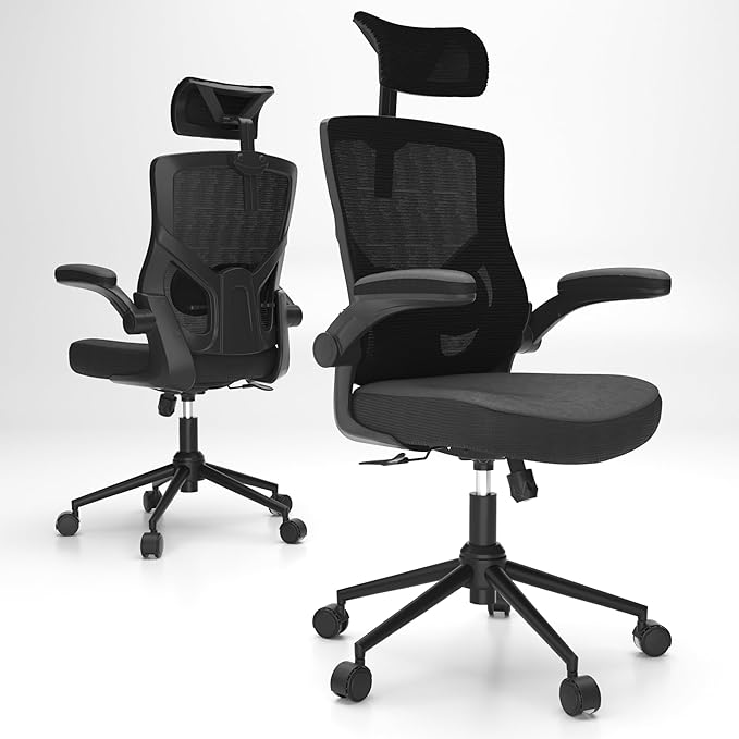 𝑯𝑶𝑴𝑬 𝑶𝑭𝑭𝑰𝑪𝑬 𝑪𝑯𝑨𝑰𝑹, Ergonomic Mesh Desk Chair, High Back Computer Chair- Adjustable Headrest with Flip-Up Arms, Lumbar Support, Swivel Executive Task Chair (Modern, Black) - LeafyLoom