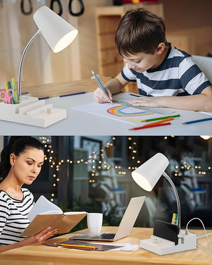 Study Desk Lamp with USB Charging and Type-C Night Light, Gooseneck LED Table Lamp Stepless Dimming Study Table Lamp with Pen Holder for College Dorm Bedroom and Office (White) - LeafyLoom