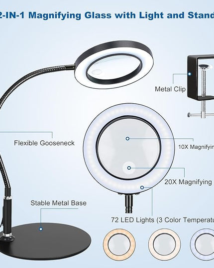 NZQXJXZ 2-in-1 Magnifying Glass with Light and Stand 20X 10X Magnifying Lamp with Large Base & Clamp, 72 LEDs, 3 Color Modes and10 Stepless Dimmable, Desk Magnifier for Hobbies, Reading, Jewelry - LeafyLoom