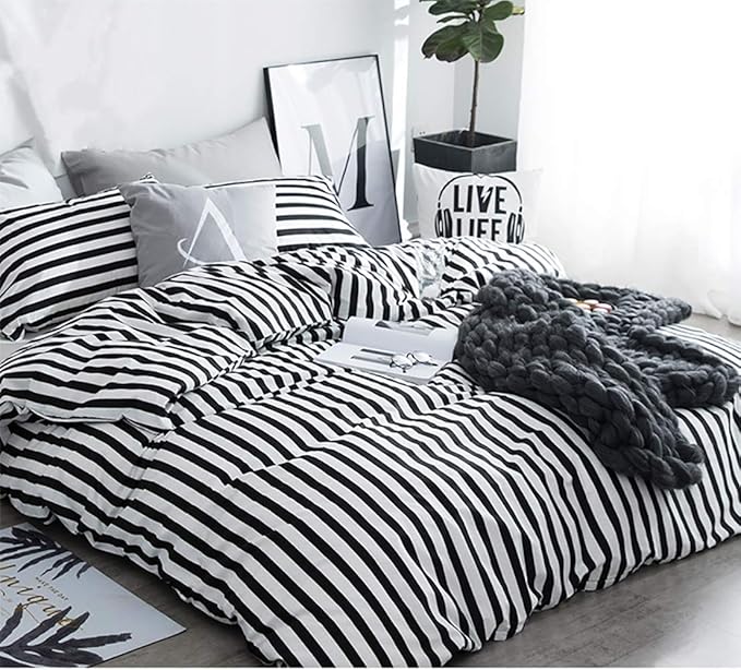 White and Black Stripes Comforter Set Cal King Women Bedding Set Soft Durable White Striated Bedding Set Black Stripes Cal King Quilts Hotel Quality Comforter Girls White Black Stripes Bed Set - LeafyLoom