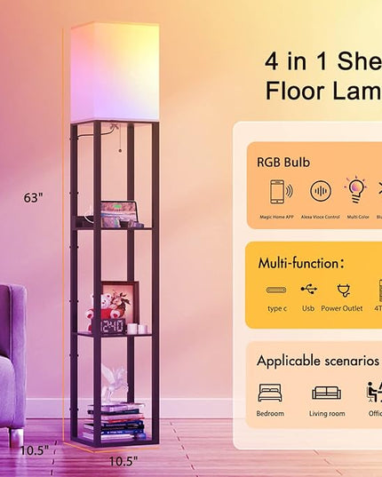 PAZZO Smart RGB Floor lamp with Shelves, Shelf Floor Lamp with Alexa, Solid Wood with 2 Charging Ports and 1 Power Outlet, Modern Standing Lamp for livingroom, Bedroom,Bulb Included,Matt Black - LeafyLoom