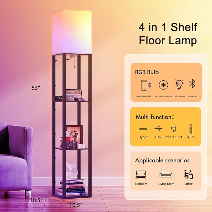 PAZZO Smart RGB Floor lamp with Shelves, Shelf Floor Lamp with Alexa, Solid Wood with 2 Charging Ports and 1 Power Outlet, Modern Standing Lamp for livingroom, Bedroom,Bulb Included,Matt Black - LeafyLoom