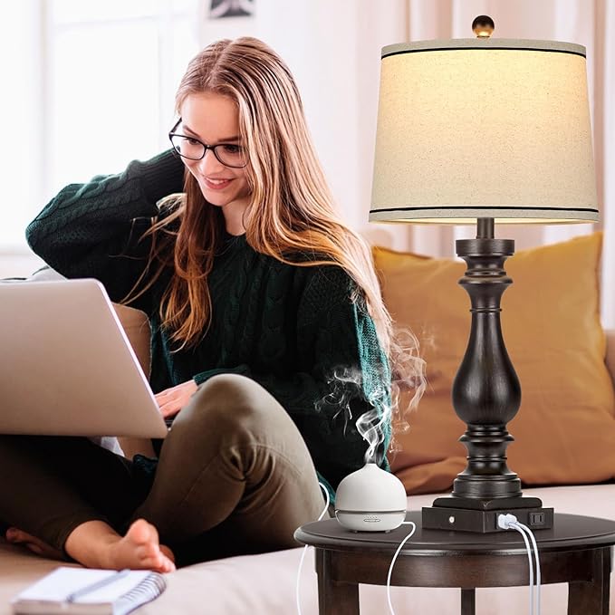 29" Tall Table Lamp for living room set of 2,Farmhouse Vintage Bedside Nightstand Lamps with USB C+A Ports & AC Outlet,3-Way Dimmable Touch Control Retro Black Lamp for Bedroom,color 5 - LeafyLoom