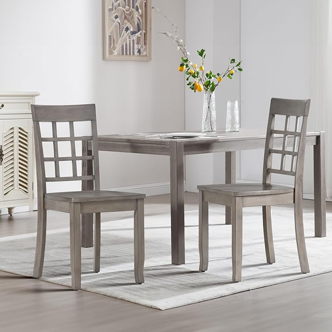 COLAMY Wooden Dining Chairs Set of 2, Nine-Square High Back Kitchen Side Chair, Farmhouse Dining Chairs for Kitchen and Dining Room, Light Grey - LeafyLoom