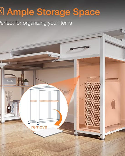 ODK Computer Desk with Drawers & Power Outlet, 48 Inch Office Desk with Keyboard Tray & Storage Shelves & PC Stand, Office Table Work Desk with Monitor Stand, White - LeafyLoom