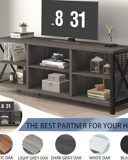 LVB Gray TV Stand for 75 Inch TV, Long Rustic Wood Entertainment Center, Large Farmhouse Media tv console with Storage, Metal Industrial television stands Cabinet for Bedroom, Dark Gray Oak, 63 Inch - LeafyLoom