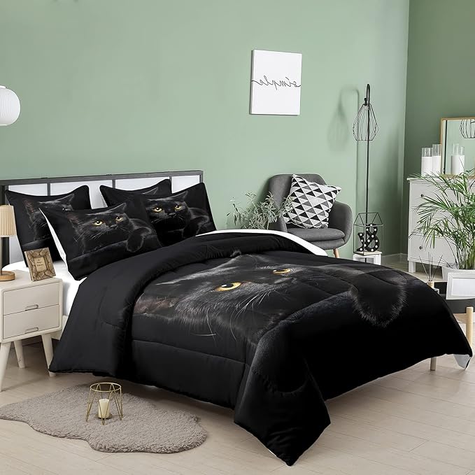 NINENINE Cat Comforter Bedding Set Twin for Girls Kids,Black Cat Lying on The Black Sofa Pattern Printed Bedding Set,Black Comforter Set,Soft Breathable Microfiber Quilt with Matching Pillowcase#5005 - LeafyLoom