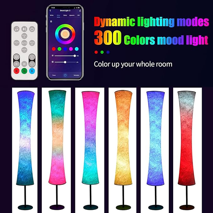 AKT LIGHTING Smart Floor Lamp, RGB Color Changing LED Lamp, App Control Modern Floor Lamp with DIY Mode and Music Sync, Standing Lamp with White Fabric Shade for Living Room, Bedroom and Play Room - LeafyLoom