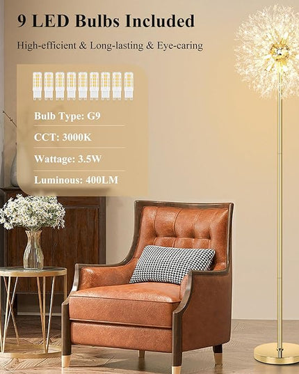 BesLowe 69'' Crystal Floor Lamp for Living Room, Modern Standing Lamp with 738PCS K9 Crystals, Tall Lamp Pole Light for Bedroom Office, Mid Century Gold Floor Lighting with 9 LED Bulbs, Antique Brass - LeafyLoom