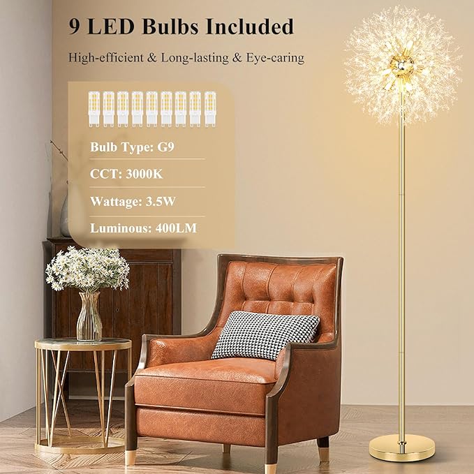 BesLowe 69'' Crystal Floor Lamp for Living Room, Modern Standing Lamp with 738PCS K9 Crystals, Tall Lamp Pole Light for Bedroom Office, Mid Century Gold Floor Lighting with 9 LED Bulbs, Antique Brass - LeafyLoom