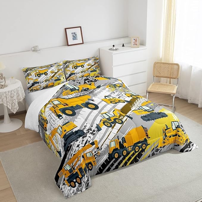 Boys Construction Comforter Set Truck Bedroom Decor for Kids Girls Under Construction Vehicles Down Comforter Nursery Children Cartoon Machinery Truck Excavator Bedding Tractor Cars Duvet Quilt, King - LeafyLoom