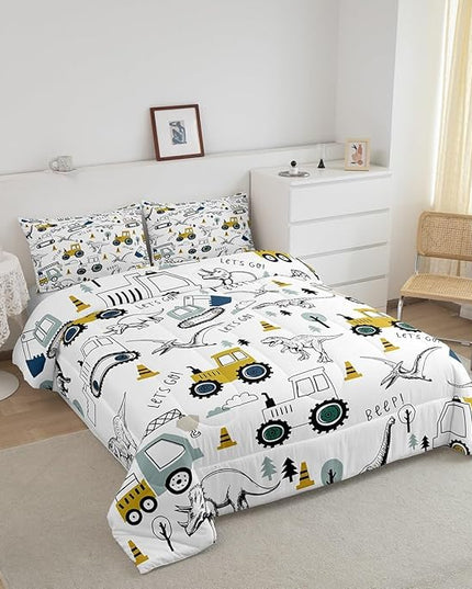 Construction Comforter Set Full Size Kids Cartoon Car Excavator Tractor Toddler Comforter Equipment Trucks Dinosaur Comforter Set Construction Vehicles White Yellow Duvet Set Quilt Set - LeafyLoom