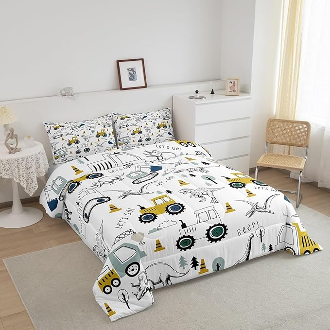 Construction Comforter Set Full Size Kids Cartoon Car Excavator Tractor Toddler Comforter Equipment Trucks Dinosaur Comforter Set Construction Vehicles White Yellow Duvet Set Quilt Set - LeafyLoom