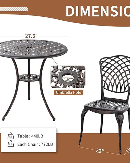Bronze Patio Bistro Set - 3 Piece Outdoor Cast Aluminum Furniture, Large Table & Chairs, Weather Resistant, Adjustable Foot Pads, Umbrella Hole - LeafyLoom