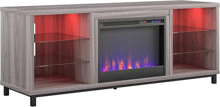 Ameriwood Home Lumina Fireplace TV Stand for TVs up to 70 Inch, Replaceable Electric Fireplace Insert Heater, Remote Control, Timer, Color Changing LED Lights, Crystal Ember Flames, Light Walnut - LeafyLoom