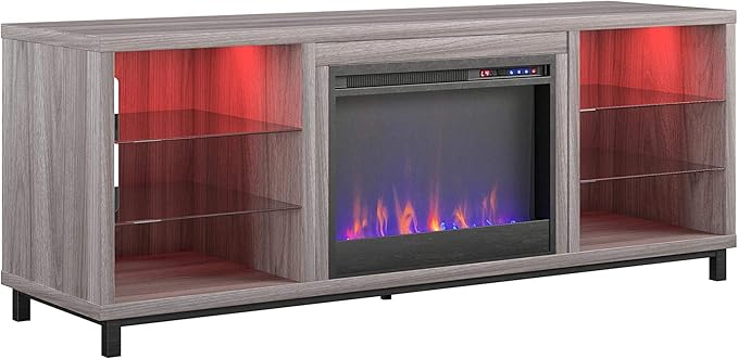 Ameriwood Home Lumina Fireplace TV Stand for TVs up to 70 Inch, Replaceable Electric Fireplace Insert Heater, Remote Control, Timer, Color Changing LED Lights, Crystal Ember Flames, Light Walnut - LeafyLoom
