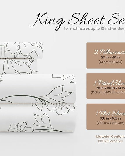 Linen Market 4 Piece King Bedding Sheet Set (Vines Gray) - Sleep Better Than Ever with These Ultra-Soft & Cooling Bed Sheets for Your King Size Bed - Deep Pocket Fits 16" Mattress - LeafyLoom