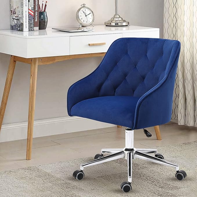 Velvet Desk Chair Vanity Chair for Makeup with Wheels and Back Home Office Chair Adjustable Rolling Swivel Chair for Bedroom Vanity Room Blue - LeafyLoom