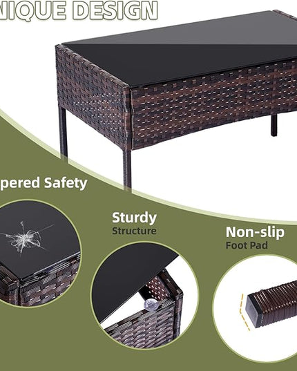 Patio Furniture Set,4 Piece Garden Conversation Set, Outdoor Wicker Rattan Table and Chairs, Black Patio Set, Sectional Sofa with Thick Cushion for Garden, Yard, or Porch (Brown/Beige) - LeafyLoom