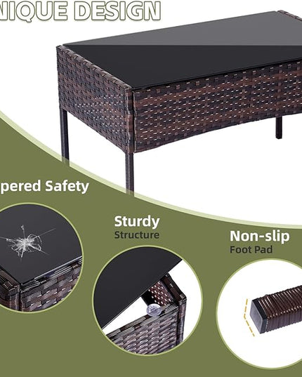 Patio Furniture Set 4 Pieces Conversation Sets Outdoor Wicker Rattan Chairs Garden Backyard Balcony Porch Poolside Loveseat with Soft Cushion and Tempered Glass Table(Brown/Grey) - LeafyLoom