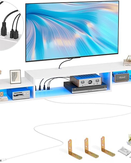 FABATO 71'' Floating TV Stand with LED Light Power Outlet, Floating Shelf for Under TV Wall Mount with Storage Shelf, Media Console Entertainment Center for Living Room, White - LeafyLoom