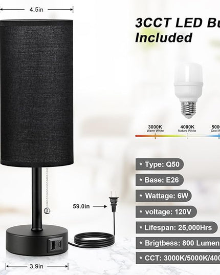 Black Bedside Lamp for Bedroom Nightstand - Small Table Lamp with USB A + C Charging Port, 3 Color Temperatures Pull Chain Night Stand Light with Bulb， Side Table Desk Reading Lamp for Living Room - LeafyLoom