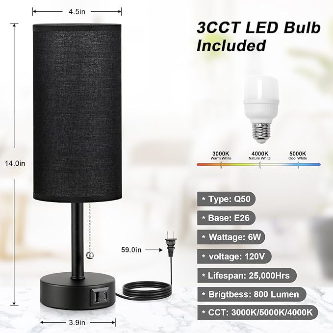 Black Bedside Lamp for Bedroom Nightstand - Small Table Lamp with USB A + C Charging Port, 3 Color Temperatures Pull Chain Night Stand Light with Bulb， Side Table Desk Reading Lamp for Living Room - LeafyLoom