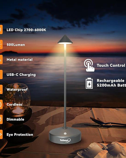 Cordless Table Lamp, Portable LED Desk Lamp 5200mAh Battery Operated, Waterproof Outdoor Lamp with Contact Charging Base, 13.8'' touch lamp for Home/Office/Bars/Coffee Shop Night Light (Grey - LeafyLoom