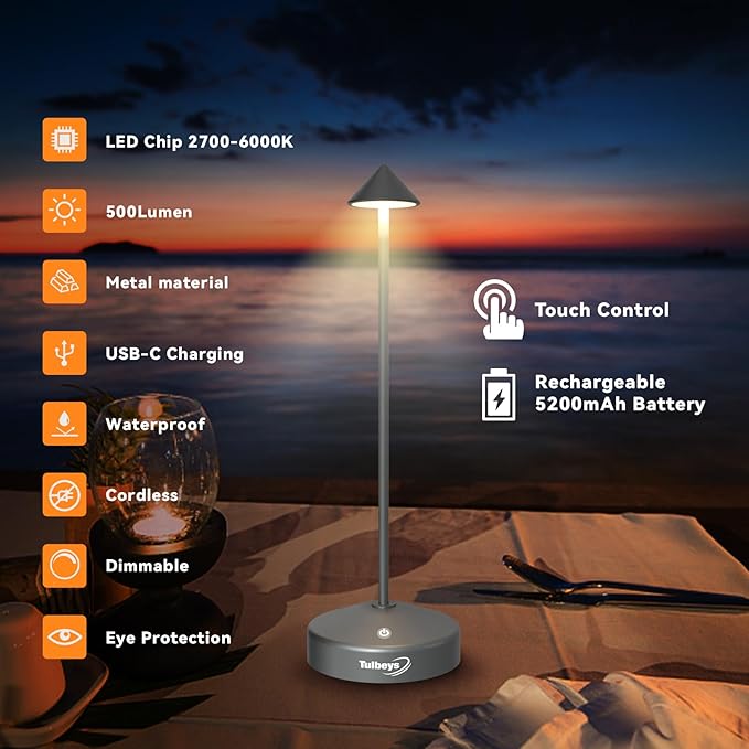 Cordless Table Lamp, Portable LED Desk Lamp 5200mAh Battery Operated, Waterproof Outdoor Lamp with Contact Charging Base, 13.8'' touch lamp for Home/Office/Bars/Coffee Shop Night Light (Grey - LeafyLoom