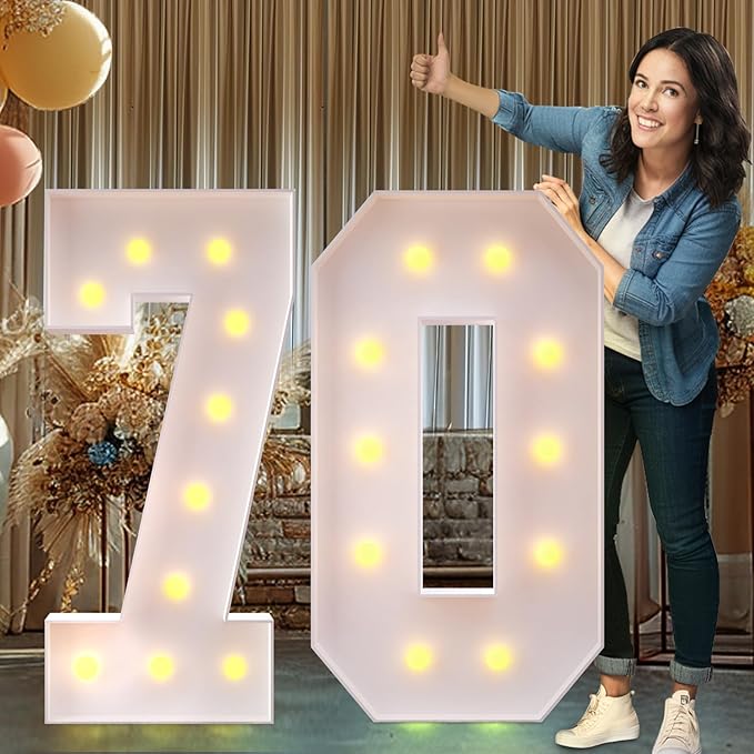 Rielmox Marquee Light Up Number 70, 4FT Large Birthday Decorations Party Decor White Anniversary Decoration w/Warm Lights for Boys Girls Kids Teens Adults - LeafyLoom
