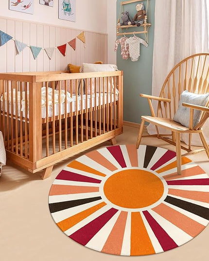 Round Washable Rug 4 Ft Small Round Rug for Kids Room, Orange Sun Circle Rug for Playroom, Non-Slip Circular Office Carpet Soft Rainbow Rug for Bedroom Reading Corner Dorm - LeafyLoom
