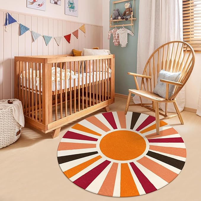 Round Washable Rug 4 Ft Small Round Rug for Kids Room, Orange Sun Circle Rug for Playroom, Non-Slip Circular Office Carpet Soft Rainbow Rug for Bedroom Reading Corner Dorm - LeafyLoom