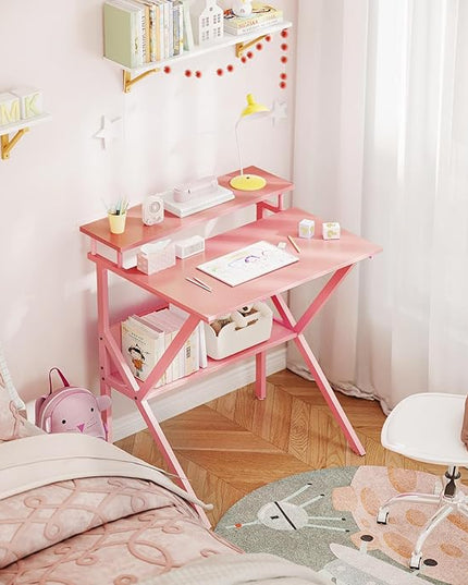 ODK Small Desk, 27.5 Inch Small Computer Desk for Small Spaces, Compact Desk with Storage, Tiny Desk Study Desk with Monitor Stand for Home Office, Pink - LeafyLoom