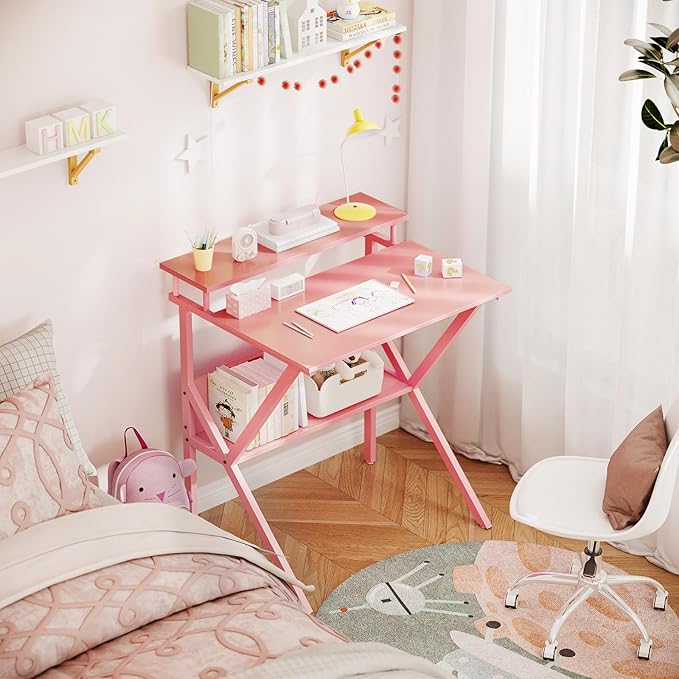 ODK Small Desk, 27.5 Inch Small Computer Desk for Small Spaces, Compact Desk with Storage, Tiny Desk Study Desk with Monitor Stand for Home Office, Pink - LeafyLoom